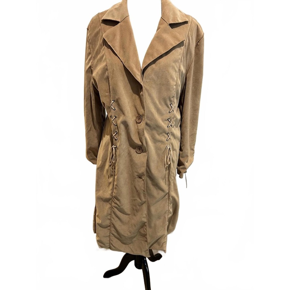 CHITE Tan Suede Like Lace Up‎ Corset Long Western Wear Trench Coat Jacket XXL